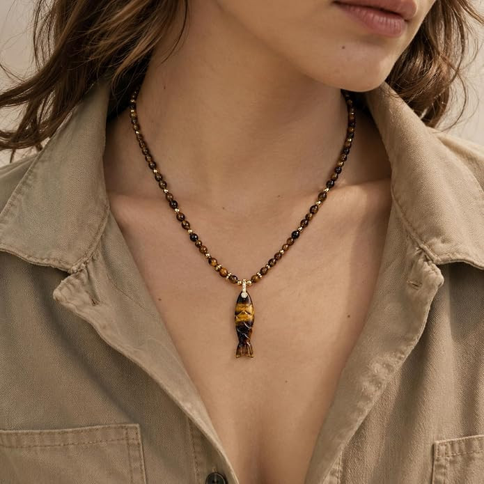 Natural Tiger Eye Fish Pendant Beaded Necklace for Women & Men | 16"+2" Adjustable | Handmade Dai... | Amazon (US)