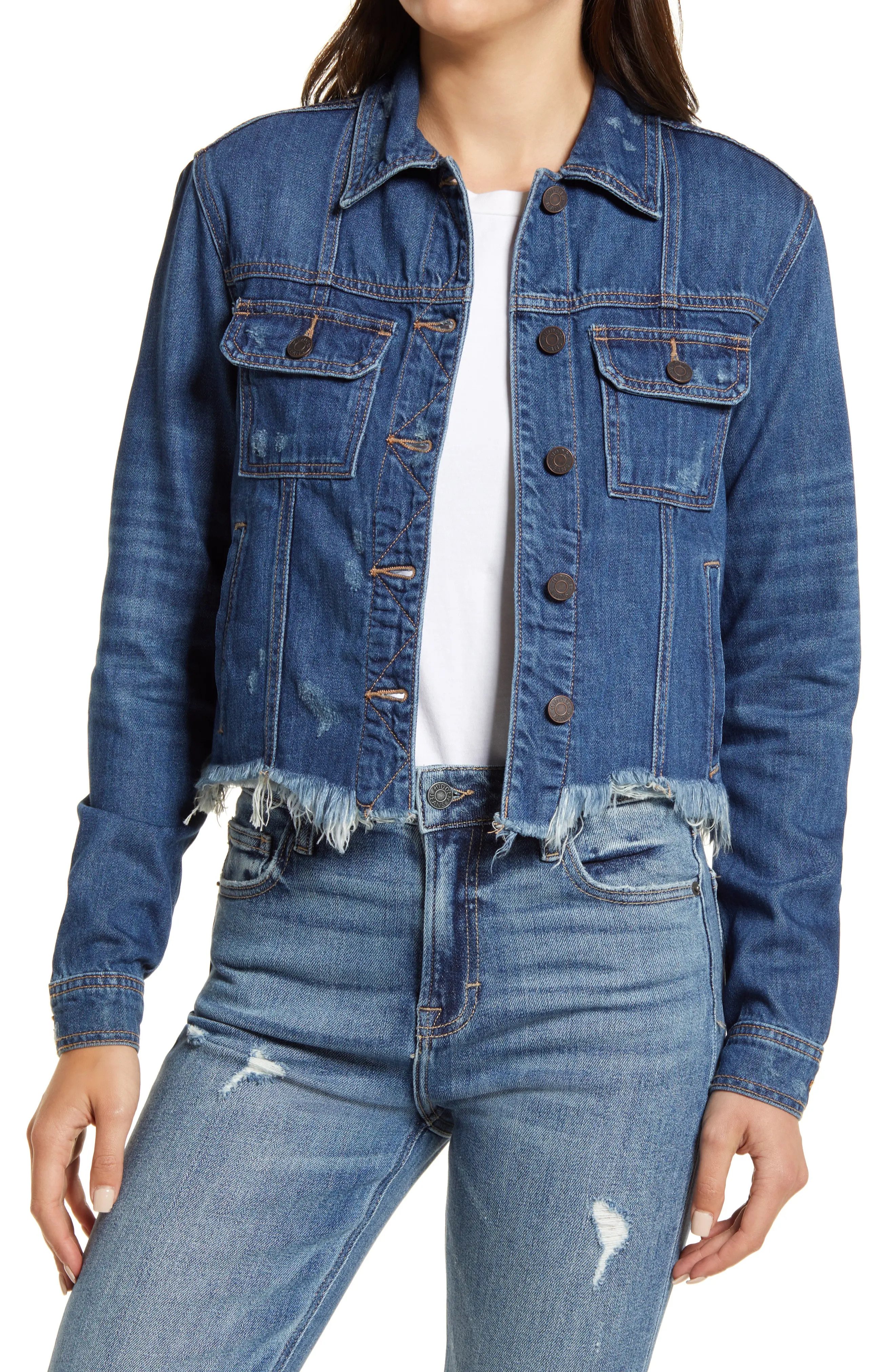 HIDDEN JEANS Frayed Hem Crop Denim Jacket in Dark Wash at Nordstrom, Size Medium | Nordstrom