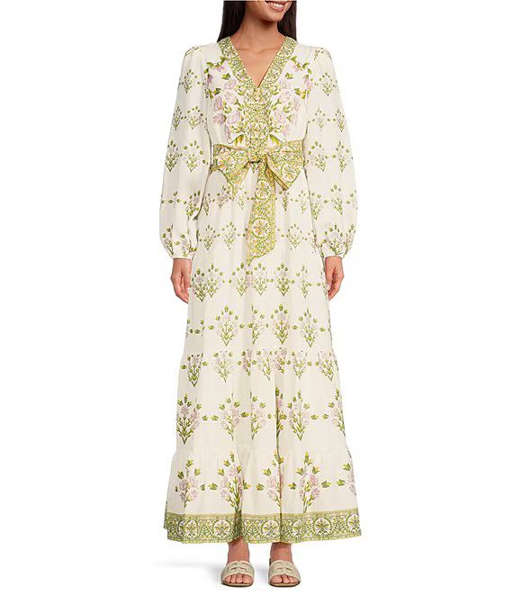 Floral Printed Long Sleeve V-Neck Self Tie Maxi Dress | Dillard's