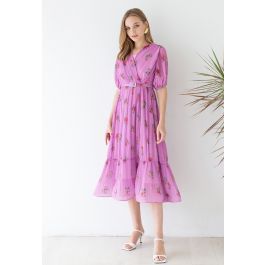 Floral Printed Airy Pleated Faux-Wrap Dress in Violet | Chicwish
