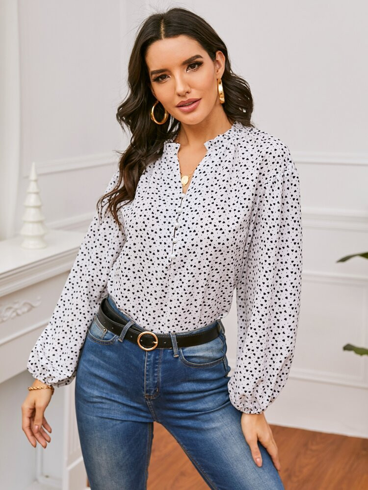 NEWNotch Neck Allover Heart Print Blouse | SHEIN
