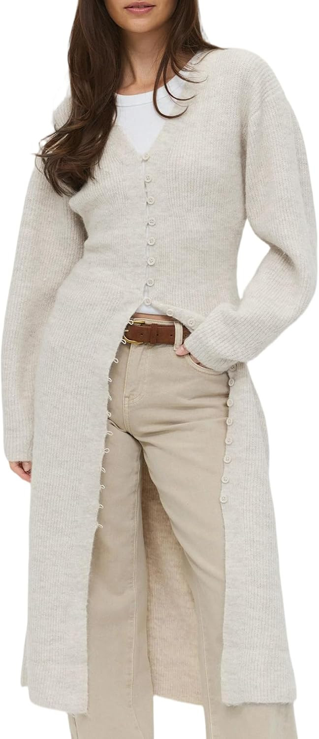Womens Long Cardigan Sweater Dress V Neck Button Down Sweaters Chunky Knit Sweater Jackets Trendy Fall Winter Outfits | Amazon (US)