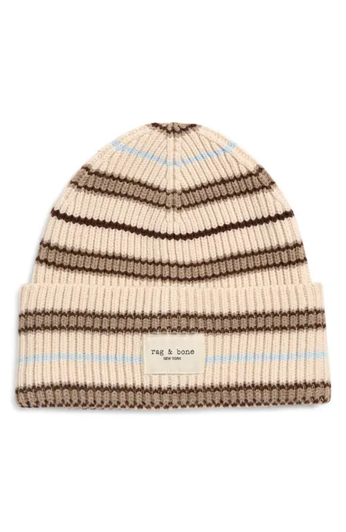 rag & bone Blake Stripe Wool Blend Rib Beanie in Ivory Multi at Nordstrom | Nordstrom