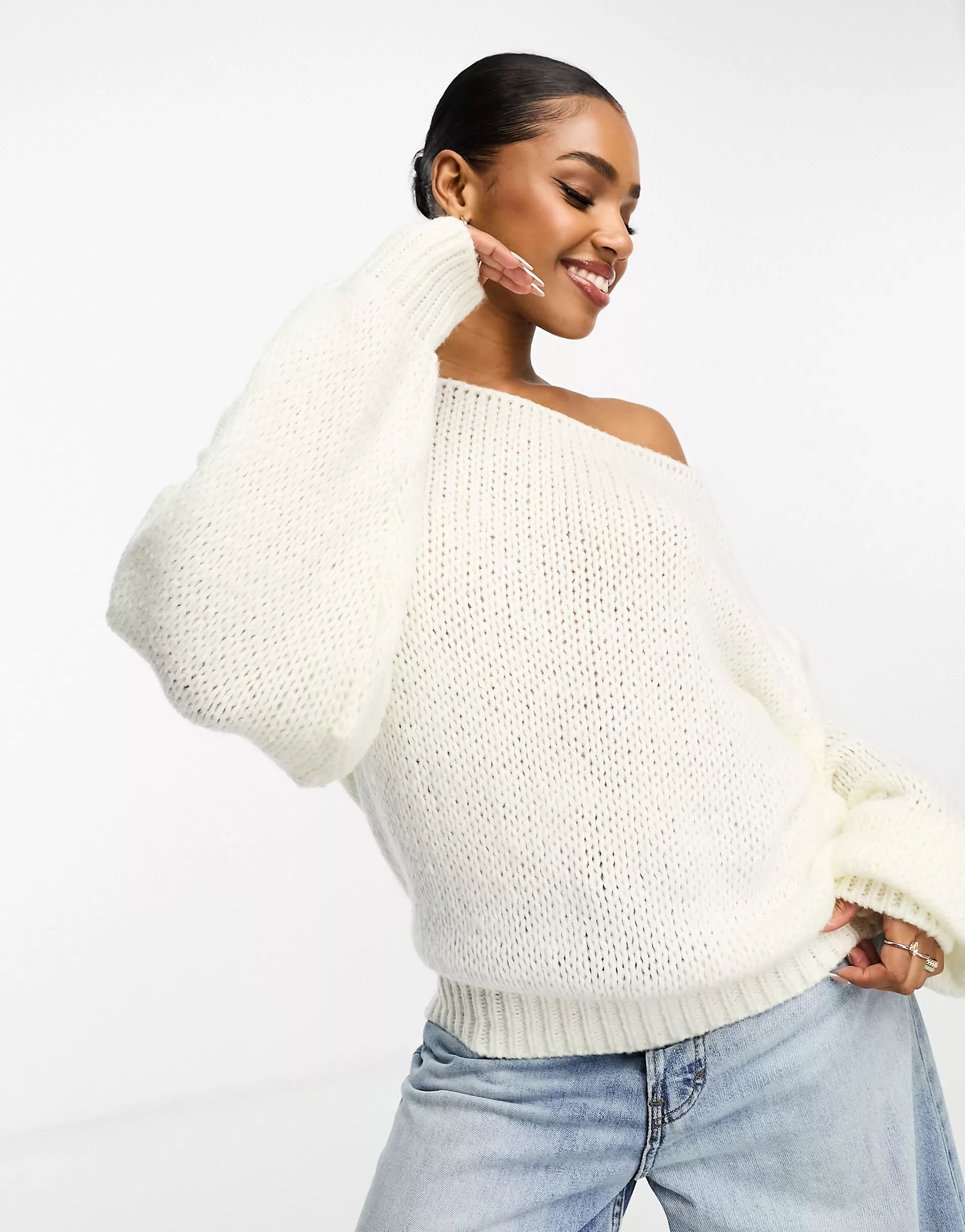 ASOS DESIGN fluffy knit asymmetric oversized jumper in cream | ASOS (Global)