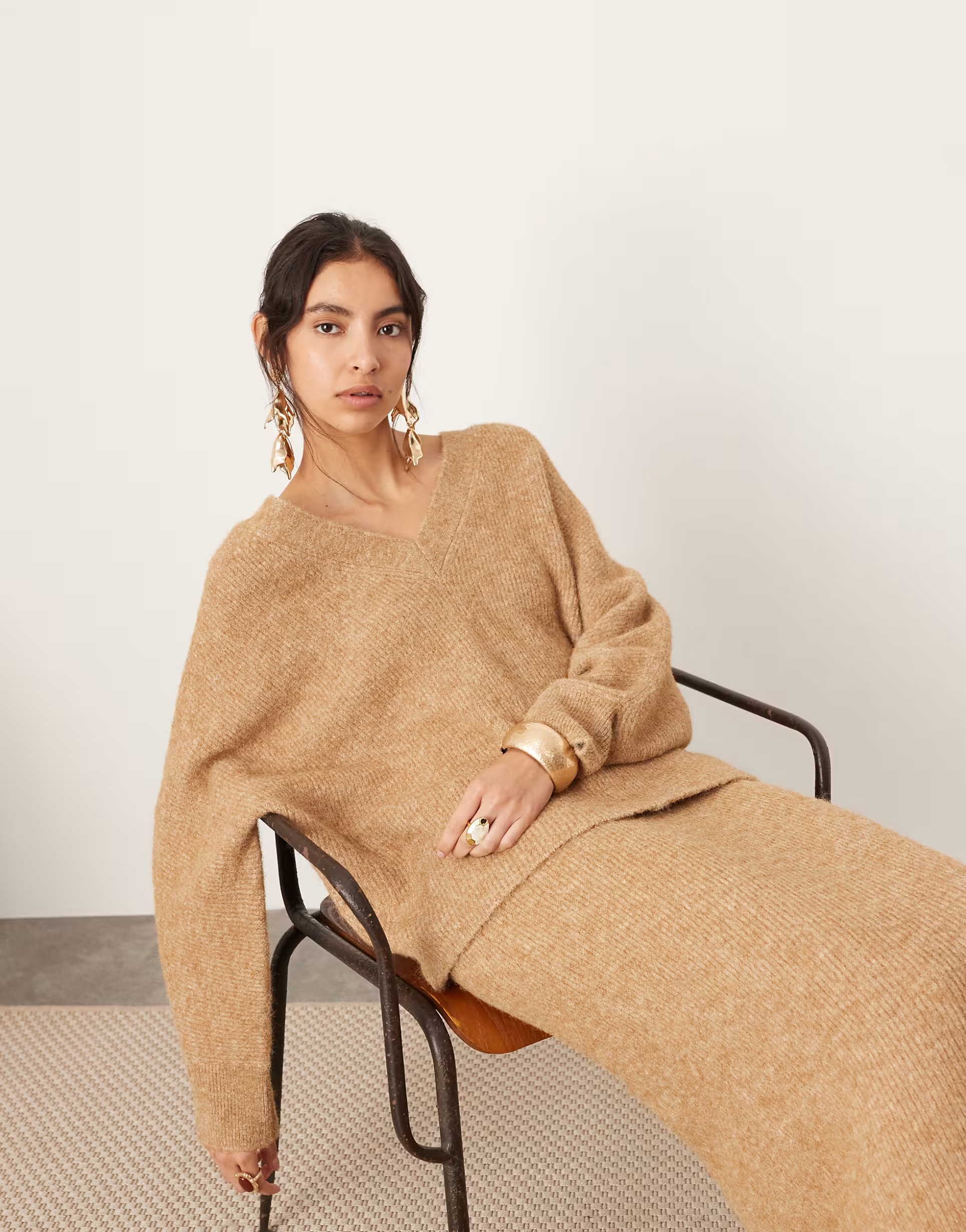 ASOS EDITION knitted v neck oversized jumper co-ord in biscuit | ASOS (Global)