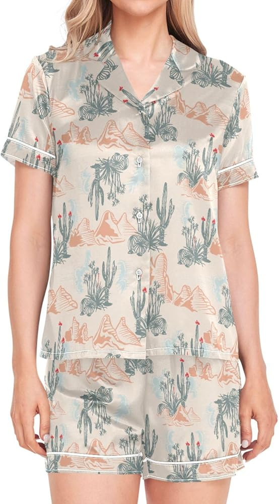 Womens Pajama Set Short Sleeve Sleepwear Soft Satin Lounge Pjs Sets with Pockets Summer Pajamas f... | Amazon (US)