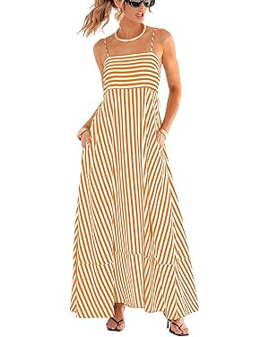 CUPSHE Womens Summer Maxi Dress Casual Sleeveless Square Neck Striped Beach Long Dress with Pocke... | Amazon (US)