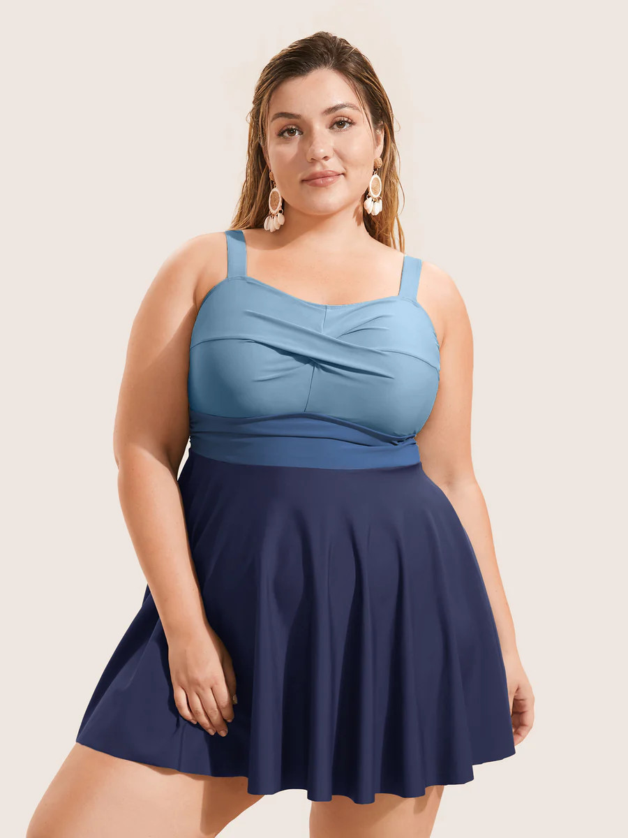 Twist Front Patchwork Adjustable Straps Swim Dress | Bloomchic