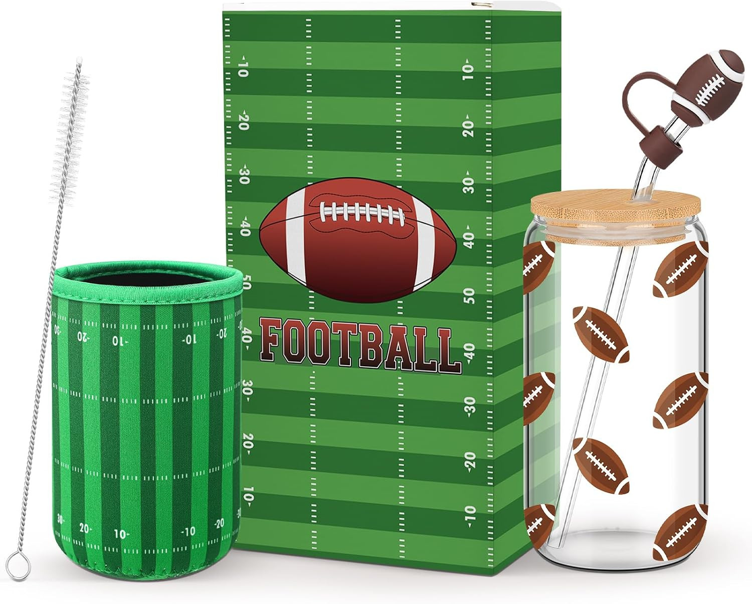 Reallnaive Football Tumbler Glasses Cup Sport Lover Gifts 16 oz Glass Iced Coffee Bottle with Str... | Amazon (US)