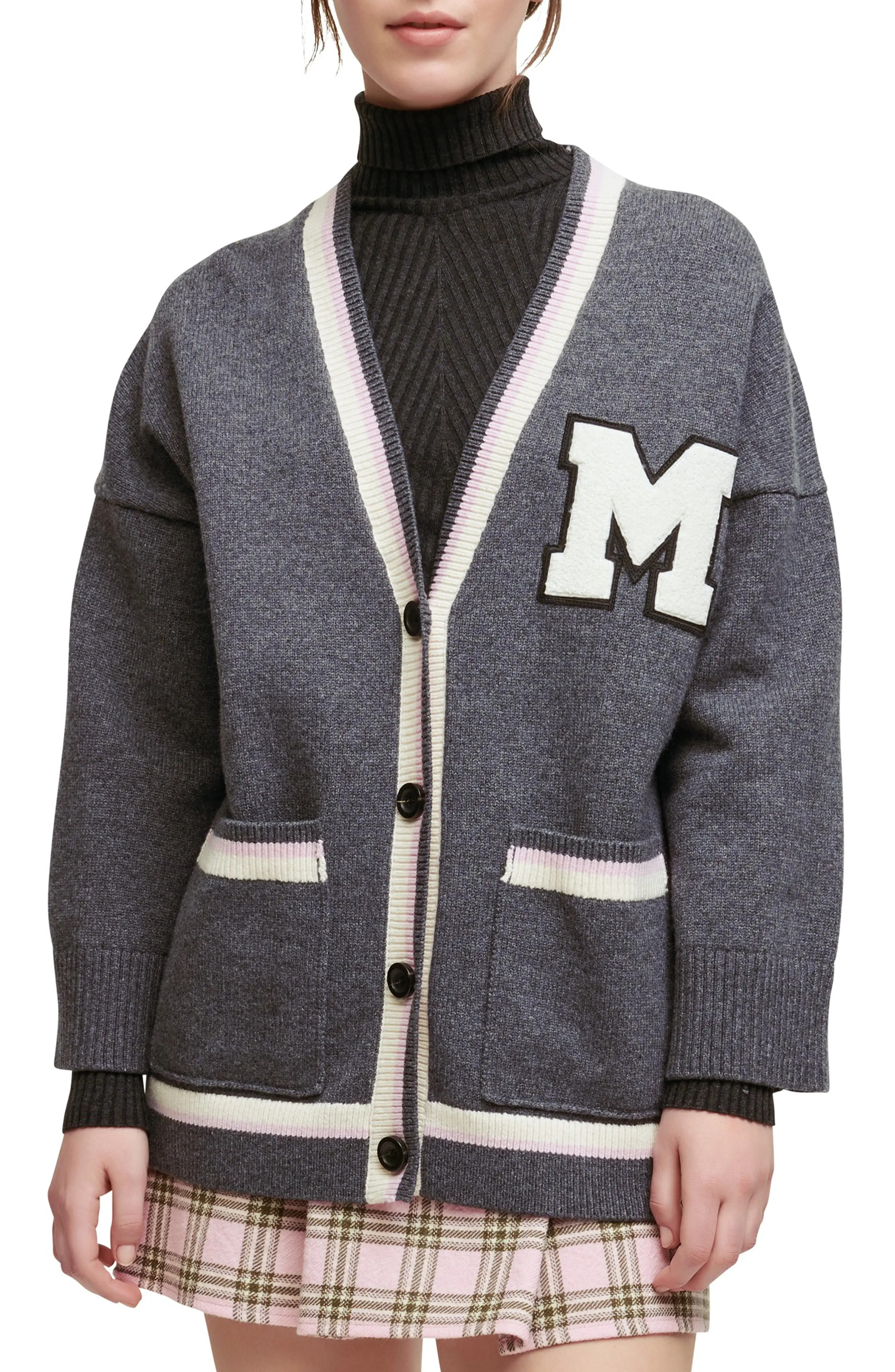 maje Applique Wool Blend Cardigan in Grey at Nordstrom, Size 3 | Nordstrom