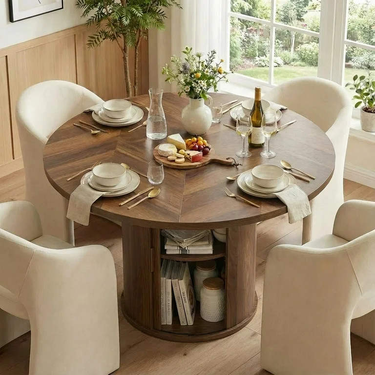 Aiho 47" Round Kitchen Dining Table for 4 - With 2-Layer Storage Rack & Smooth Sliding Wood Doors... | Walmart (US)