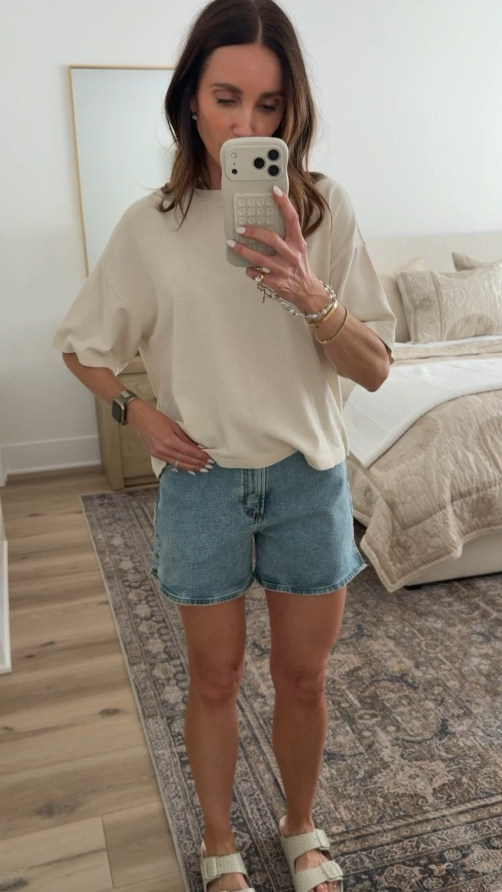 Pistola inspired denim shorts from Target, I'm wearing size 2.

casual summer outfit, denim shorts outfit, everyday basics, neutral outfit, comfy chic style, effortless outfit, oversized tee outfit, casual mom style, weekend outfit, spring summer look

#LTKootd #LTKOver40