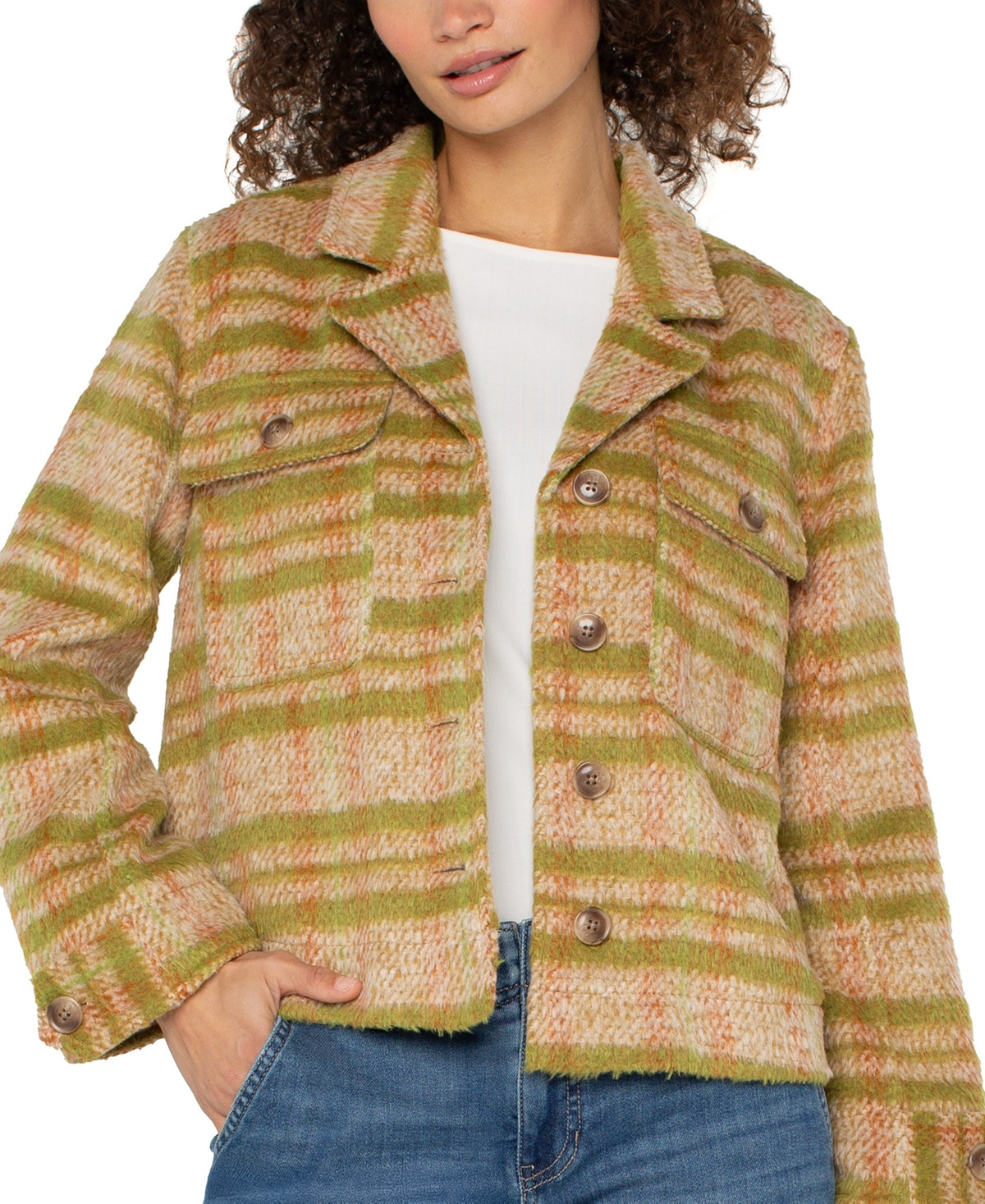 Liverpool Los Angeles Women's Button-Front Boxy Jacket - Green/Gold Blanket Plaid | Macy's