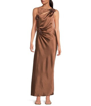 Cheyanne Satin 3D Rosettes Cutout Round Neck Sleeveless Ruched Slip Maxi Dress | Dillard's