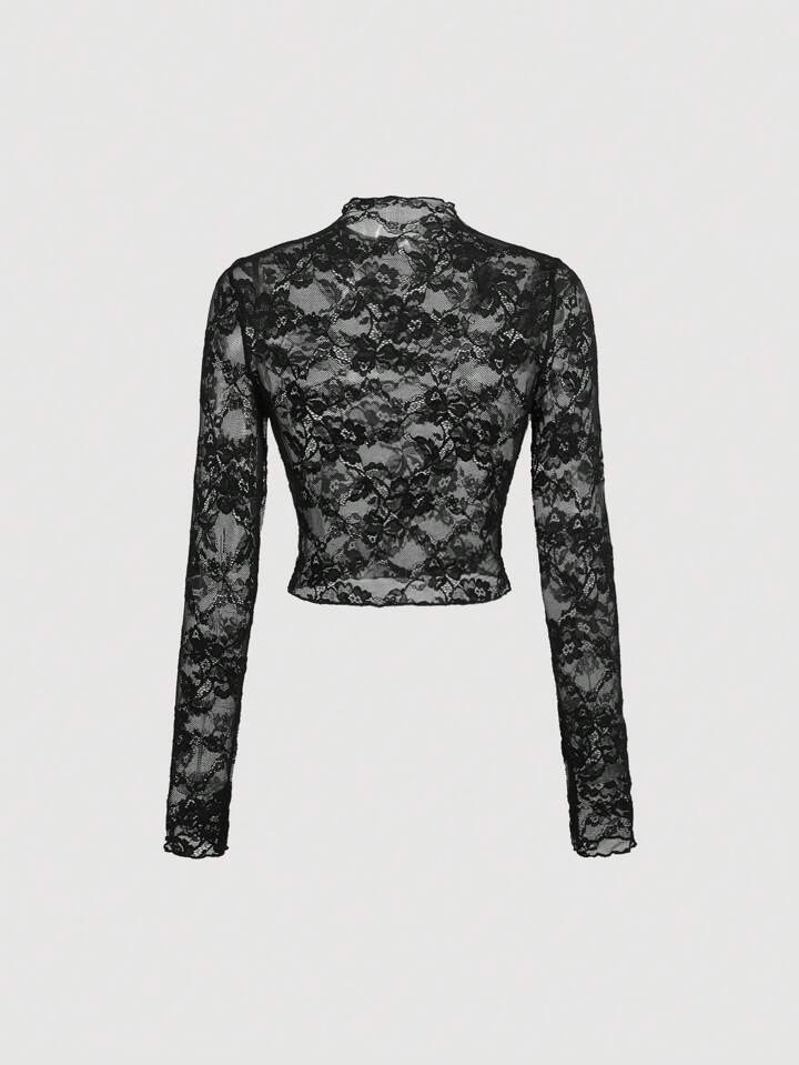 SHEIN MOD Lace See-Through Long Sleeve White Top | SHEIN