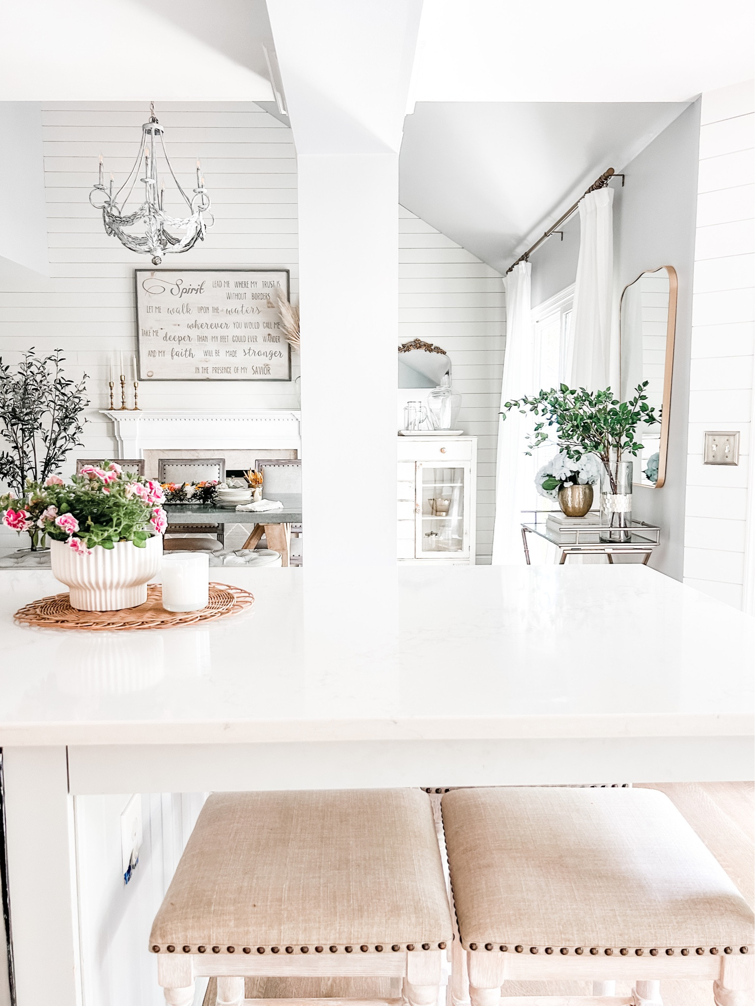 Current Kitchen counter view.

Kitchen decor, kitchen island stools, counter stools, upholstered nailhead trim stool, kitchen counter decor, ceramic planter, artificial branch, artificial stems, faux greenery, artificial green branch, Studio McGee mirror, gold wall mirror, arched wall mirror, curved wall mirror, gold curtain rod, Amazon curtains, faux linen curtains, pinch pleat curtains, curtain clip rings, farmhouse dining table, zinc top table, ornate gold mirror, artificial olive tree, artificial hydrangea, farmhouse chandelier, dining room chandelier, gold taper candle holders.

#kitchen #diningroom

#LTKstyletip #LTKhome #LTKFind