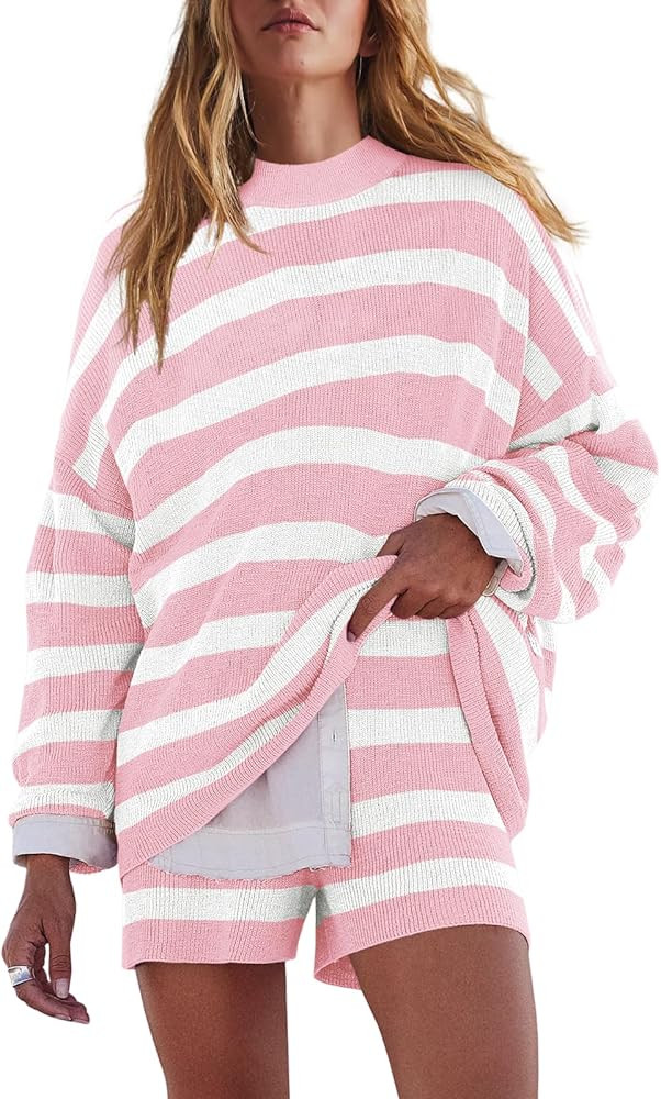 LAMISSCHE Womens Oversized Lounge Sets 2 Piece Outfits Striped Matching Pajama Set Long Sleeve Sw... | Amazon (US)