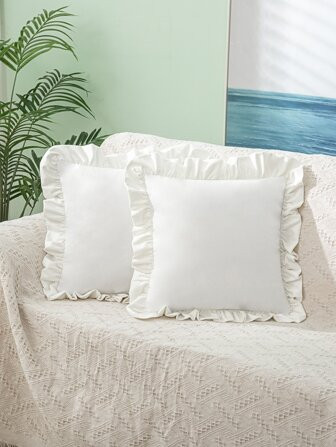 1pc White Cushion Cover, Fabric Ruffle Trim Decorative Throw Pillow Case For Home | SHEIN