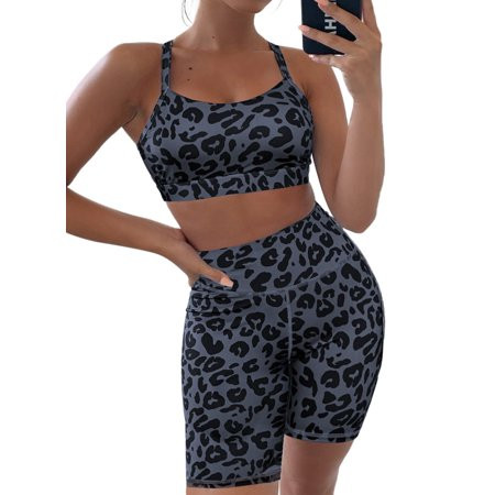 Rosfancy Women s Yoga Outfits Workout Athletic Leopard Print Shorts Leggings and Sports Bra Set Gym  | Walmart (US)