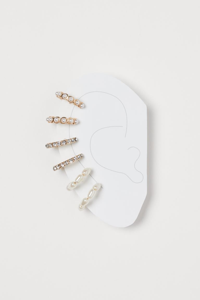 Six ear cuffs in various designs. Two with pearly plastic beads, two in metal decorated with plas... | H&M (UK, MY, IN, SG, PH, TW, HK)