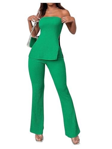WDIRARA Women's 2 Piece Outfits Split Side Strapless Tube Top and Flare Bell Bottom Pants Set Green Large | Amazon (US)