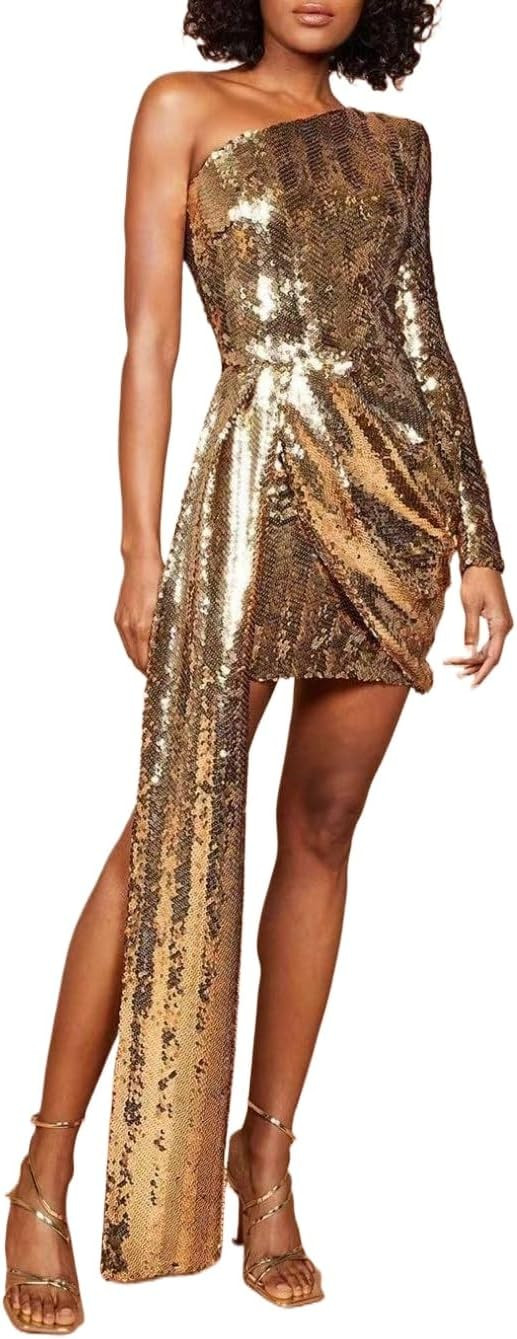 Women's Gold Sequin One Shoulder Dress - Ruffle Bodycon Cocktail Dress, Sexy Night Club Party Gow... | Amazon (US)