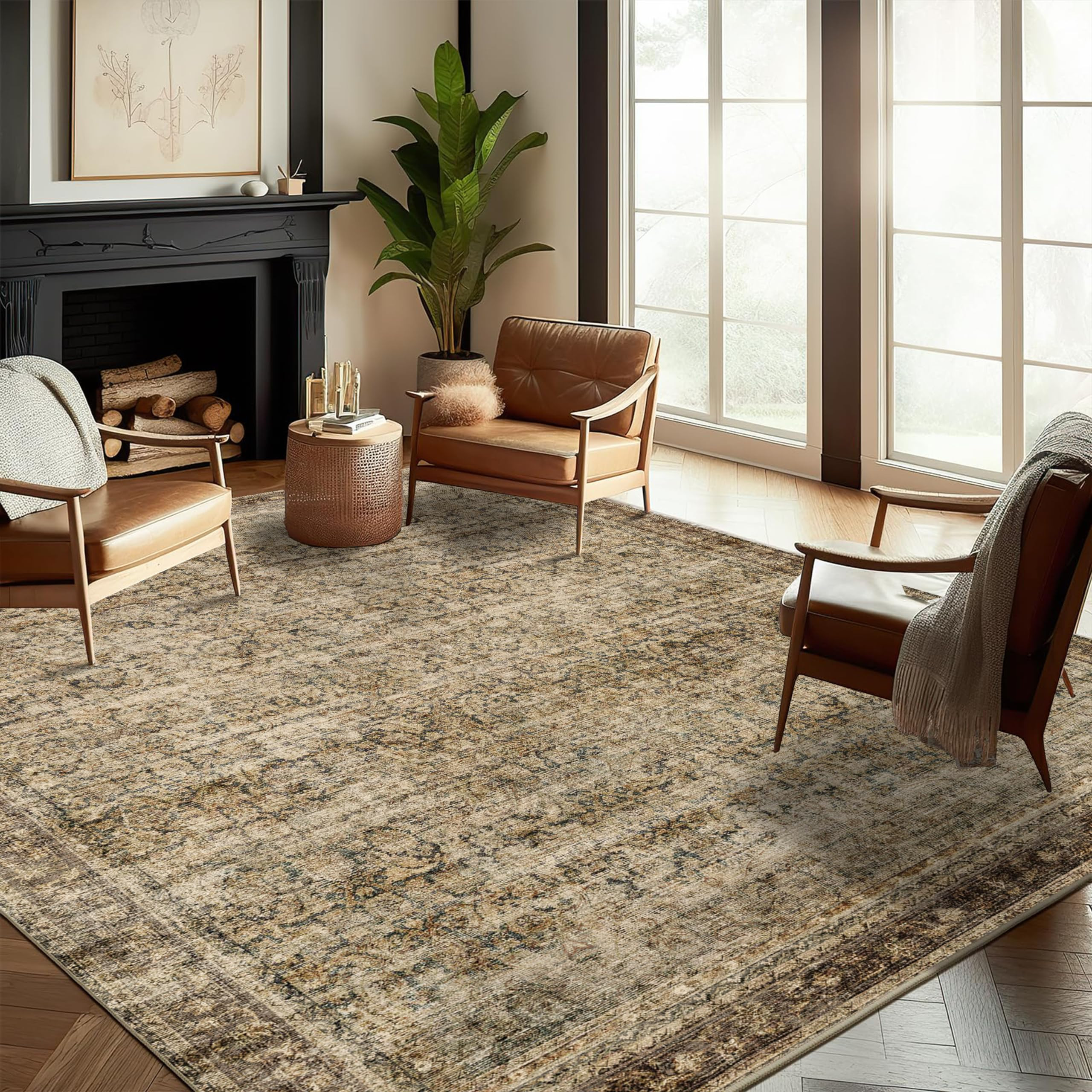 Area Rug 8x10 Washable Rug Brown Vintage Traditional Mat Distressed Indoor Foldable Thin Retro Accent Floral Non Slip Carpet Living Room Dining Room Office | Amazon (US)