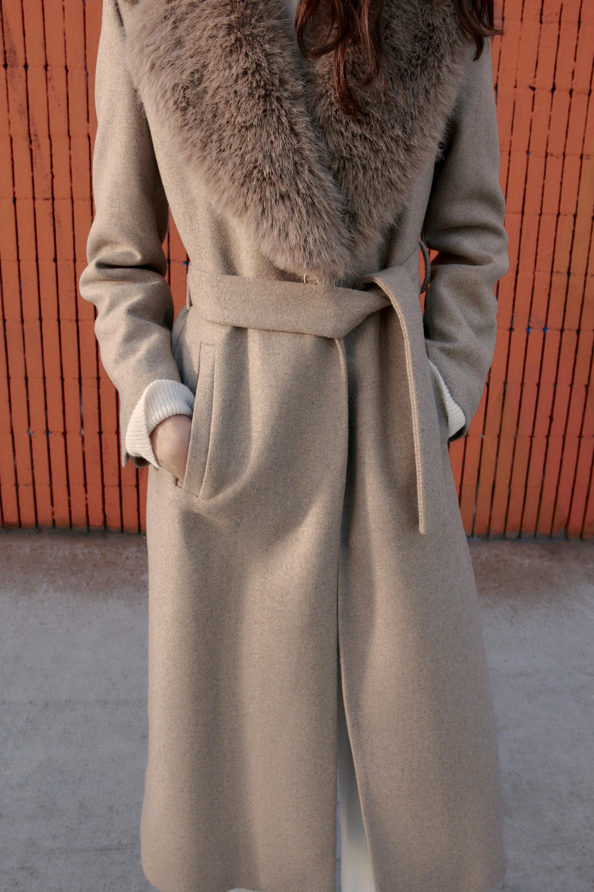 WOOL COAT WITH FAUX FUR LAPEL AND BELT | Zara US