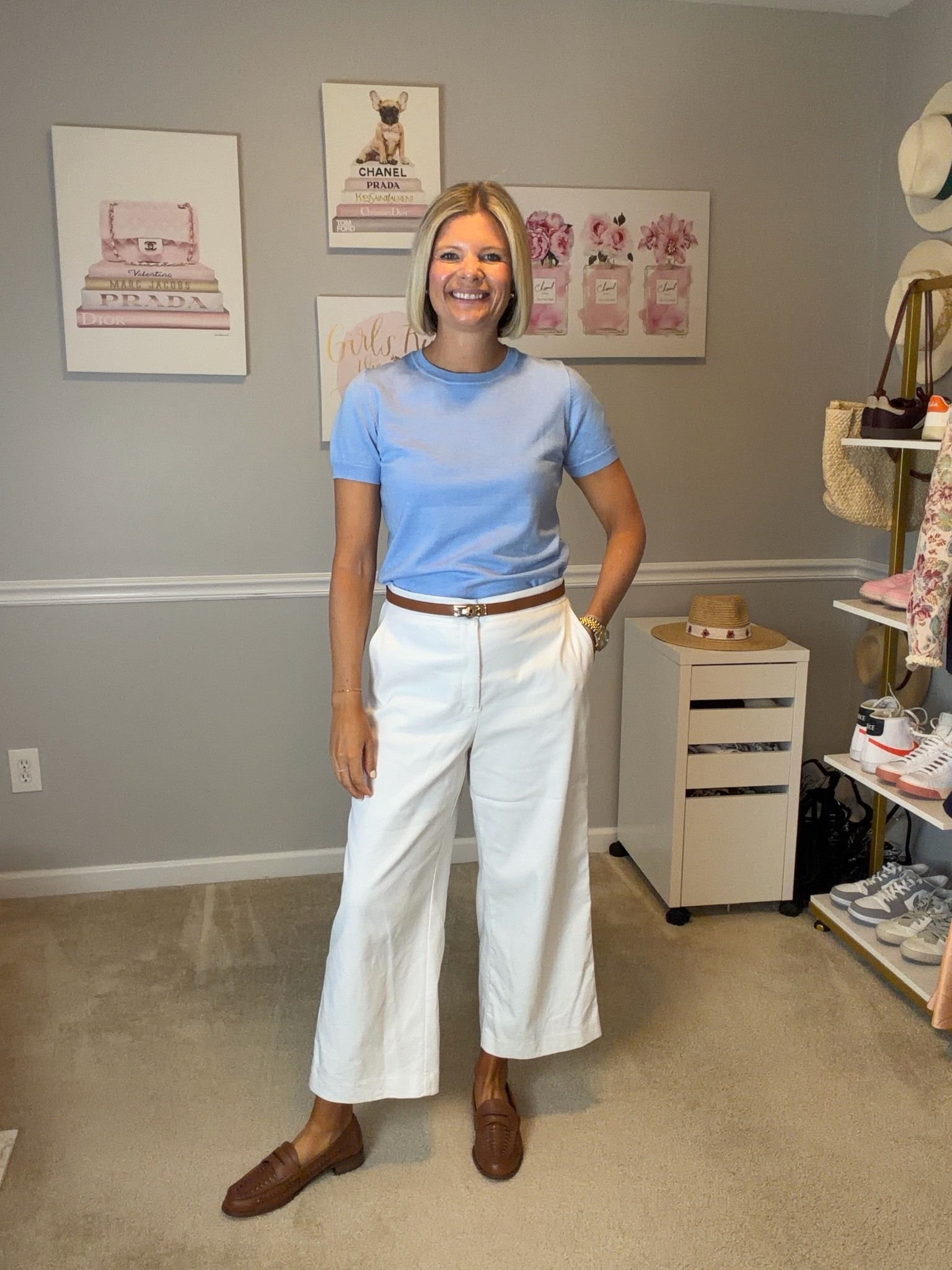 Light blue shirt sleeve sweater TTs
White cropped wide leg trousers TTS
Brown leather loafers TTS

#LTKOver40 #LTKMidsize #LTKWorkwear