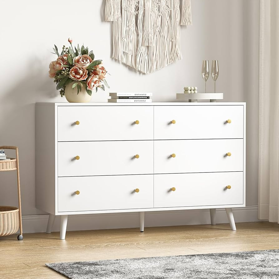 White Dresser for Bedroom, Modern 6 Drawer Double Dressers with Gold Handles, Wood Chest of Drawe... | Amazon (US)