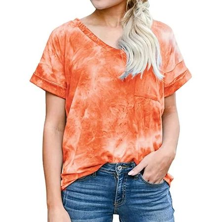 Womens Tie Dye Shirt Short Sleeve V Neck Tunic Tops Casual Loose Cute Top Blouses | Walmart (US)