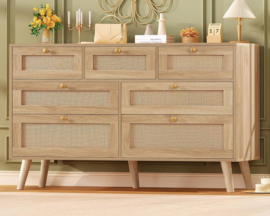47.2''Wide 7 Drawer Rattan Dresser, Boho Dresser for Bedroom, Chest of Drawers, Closet Organizer,... | Amazon (US)