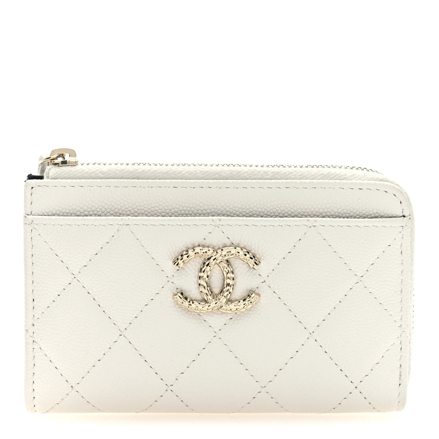 Caviar Quilted CC Logo Zip Around Card Holder White | FASHIONPHILE (US)