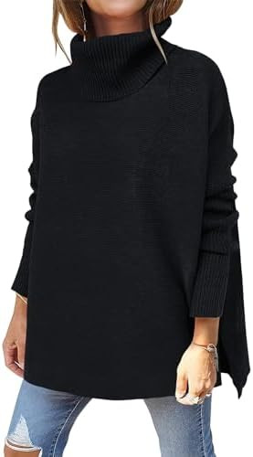 ANRABESS Women's Oversized Turtleneck Batwing Sleeve Spilt Casual Loose Knit Tunic Pullover Sweat... | Amazon (US)