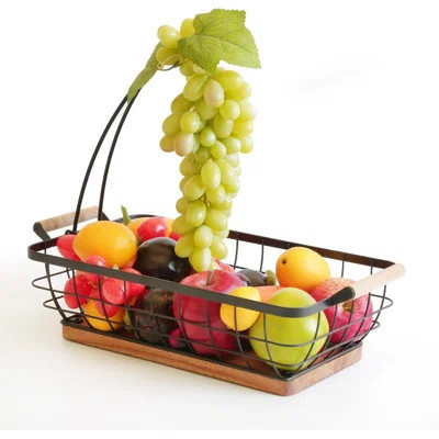 Rectangular Fruit Basket With Banana Hanger,Metal Wire Fruits Bowl With Wooden Base,Kitchen Table Organizer,Black Fruit Bowl For Kitchen Counter,Veget | Wayfair North America