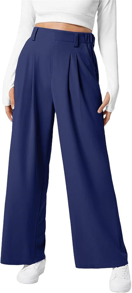 EVALESS Womens High Waisted Wide Leg Pants Elastic Waffle Knit Casual Fleece Slacks Trousers Pull... | Amazon (CA)
