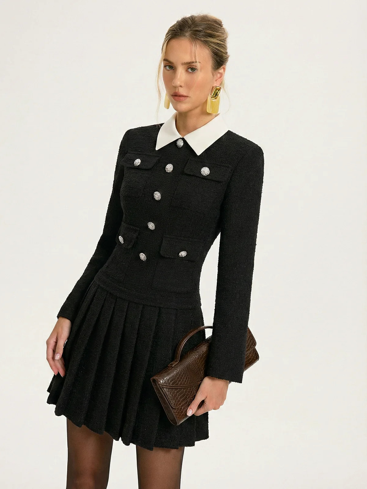 Contrast Collar Pleated Mini Dress | Commense