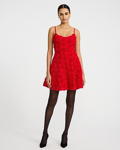 Rosette V-neck Sleeveless Fit And Flare Mini Dress With Pockets | Express