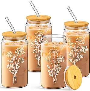 4 Set Floral Iced Coffee Glass Cups 16 oz Can Shaped Drinking Glasses with Bamboo Lids and Straws... | Amazon (US)