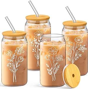 4 Set Floral Iced Coffee Glass Cups 16 oz Can Shaped Drinking Glasses with Bamboo Lids and Straws... | Amazon (US)
