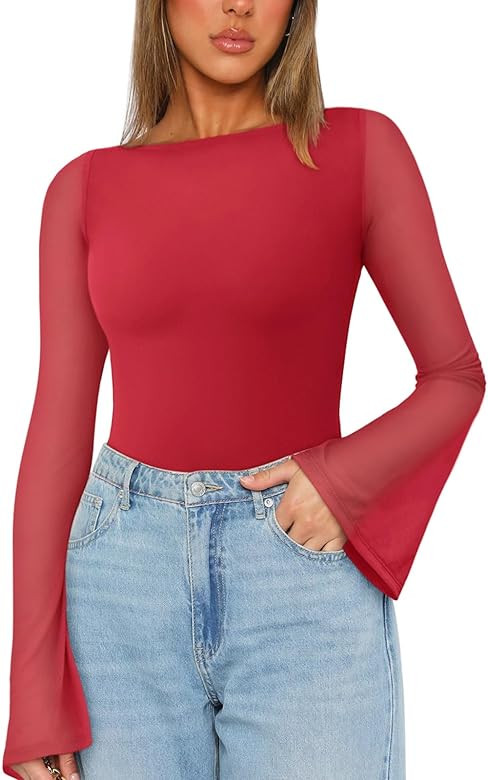 REORIA Women's Trendy Sexy Boat Neck Bell Sleeve Sheer Mesh Going Out Bodysuit Tops | Amazon (US)