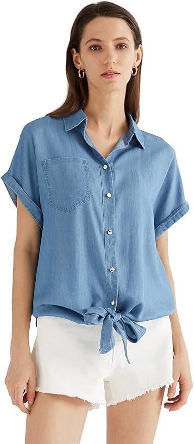 Escalier Women's Sleeveless Denim Shirt Chambray Button Down Blouse V-Neck Jean Shirts Tank Top | Amazon (US)