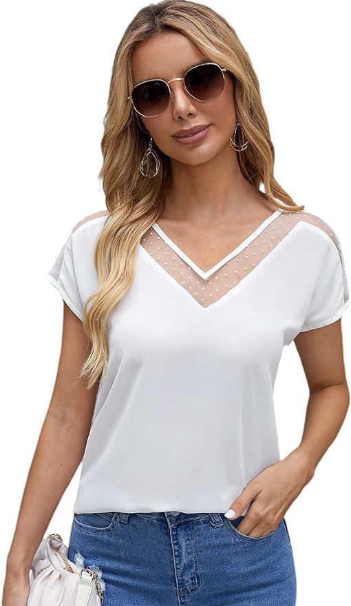 SheIn Women's Polka Dots Contrast Mesh Batwing Short Sleeve Shirt Blouse Top | Amazon (US)