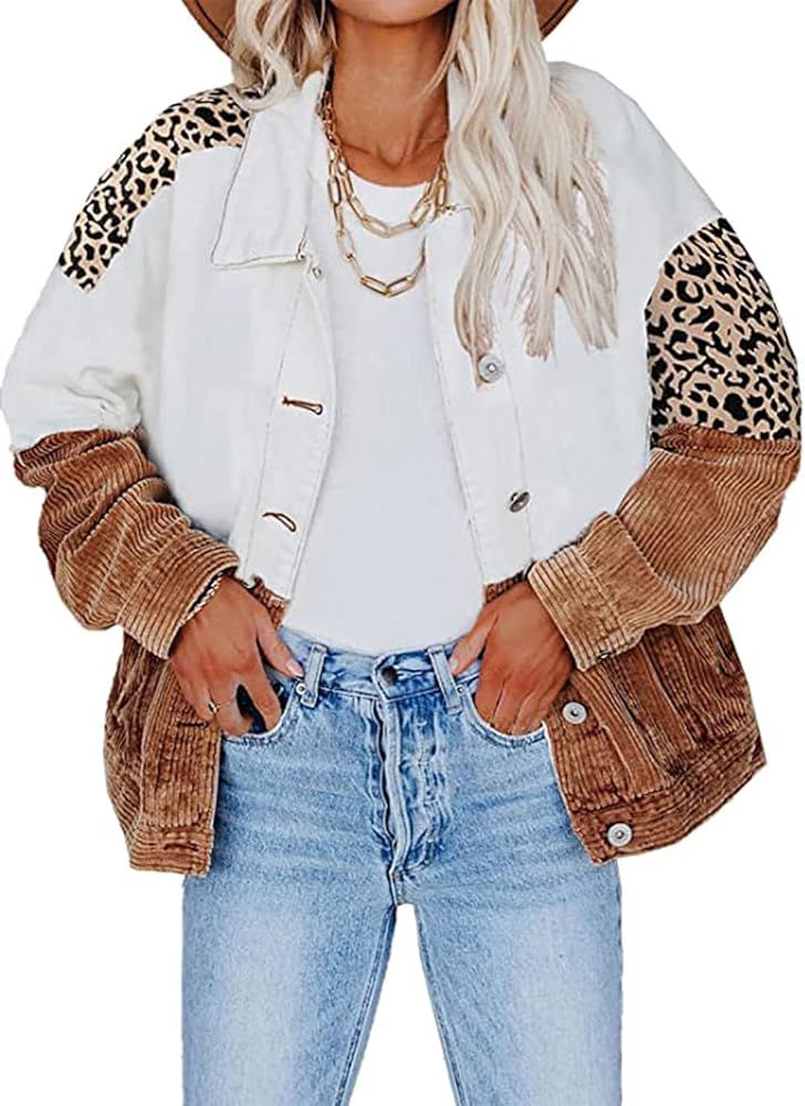 Womens Casual Leopard Denim Jacket Long Sleeve Button Down Shacket Oversized Boyfriend Jean Ja... | Amazon (US)
