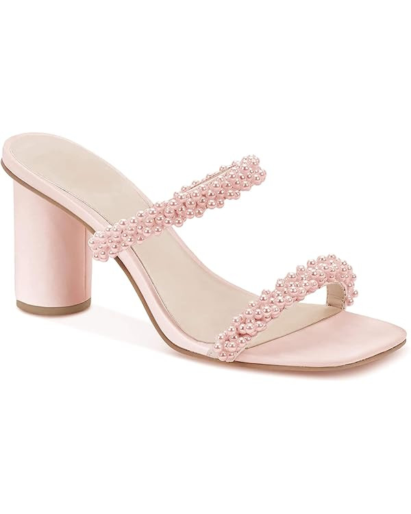 Womens Chunky Heeled Sandals Pearl Strappy Open Square Toe Slip-on Block Heels Backless Mules Sho... | Amazon (US)