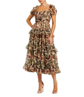 Mac Duggal Chiffon Puff Sleeve A Line Midi Dress With Ruffles | Dillard's | Dillard's