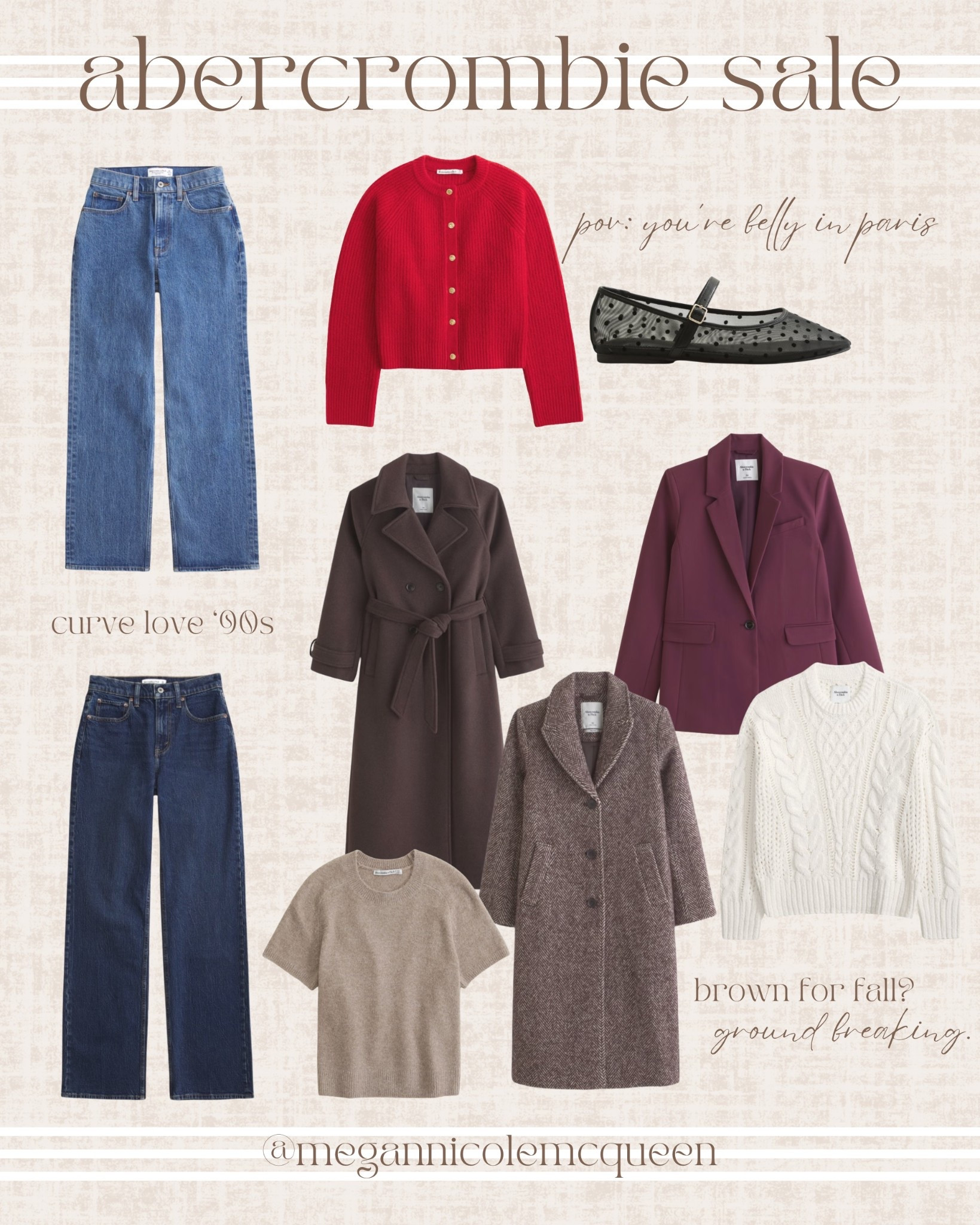 USE CODE AFLTK FOR AN EXTRA 25% OFF! abercrombie sale — all 20% off! these are pieces i’d actually buy & wear as a classic, timeless, yet trendy kinda gal ♥️ red cardigan, 90s denim, 90s jeans, curvy jeans, curvy denim, brown trench coat, brown coat, maroon blazer, herringbone coat, cream sweater, cable knit sweater, brown sweater, short sleeve sweater, black ballet flats, mesh ballet flats, classic outfit, nancy meyers style, chic style, chic outfit, fall outfit, timeless outfit, parisian chic, belly in paris outfit 

#LTKSeasonal #LTKSaleAlert #LTKFindsUnder100