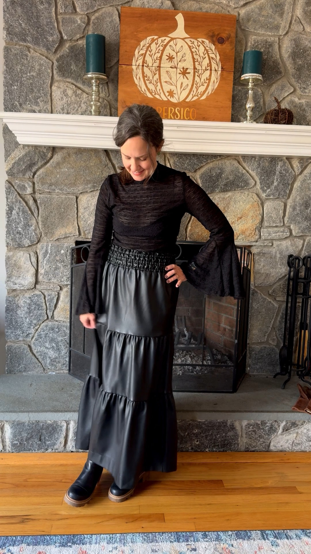 All black for Wicked Week 🖤 I’m making an all black outfit more interesting by mixing textures. Lacy top (black lace bra) with a faux leather maxi skirt. Sorel Chelsea lug sole boots and fleece lined leggings complete it.

#LTKSeasonal #LTKOver40 #LTKHoliday