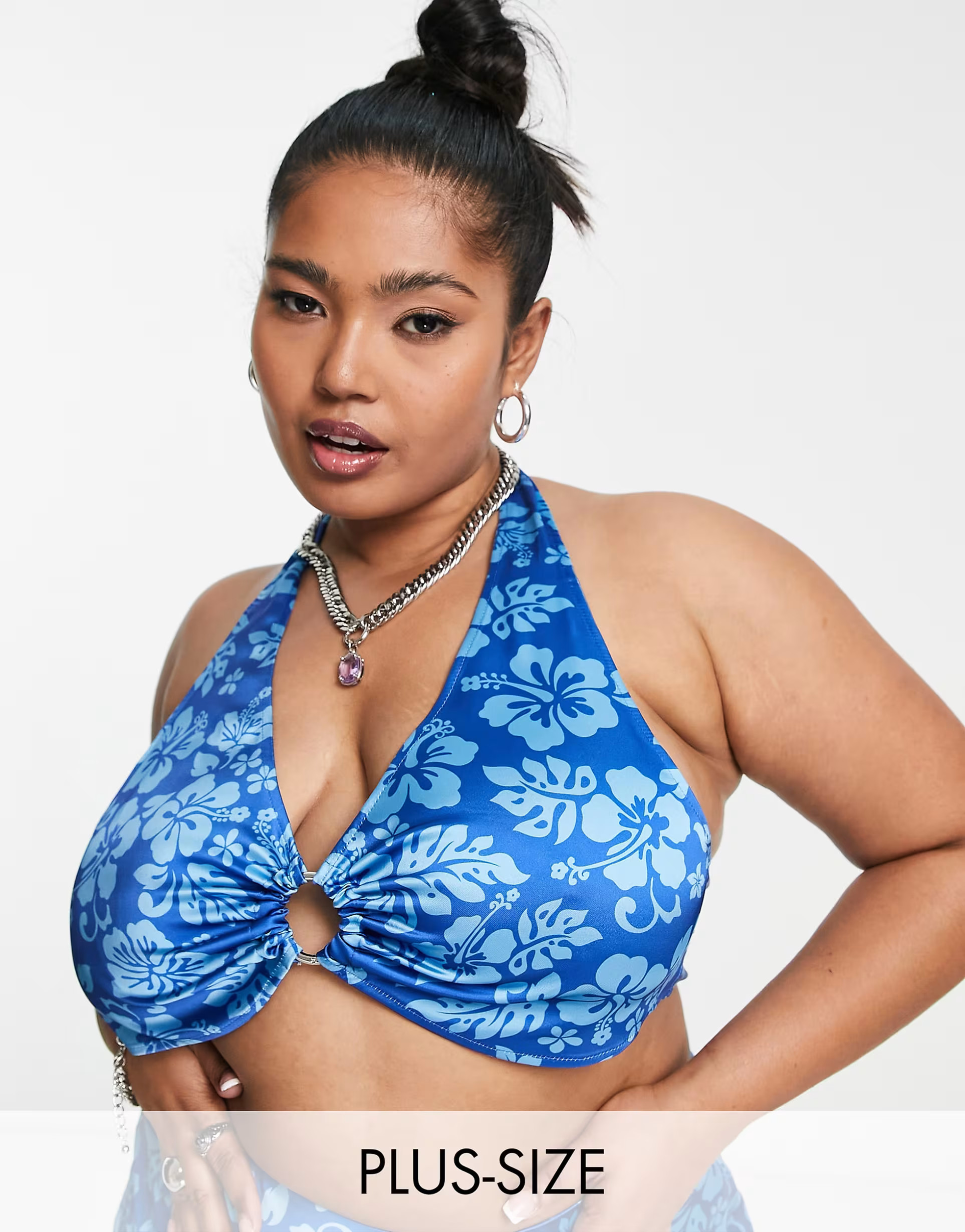 COLLUSION Plus Hawaiian print ring front halter top in blue - part of a set | ASOS (Global)