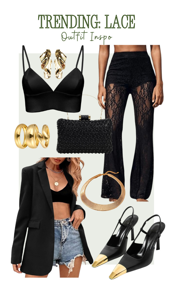 How To Style: Lace Pants // 
Embrace the trending lace look with a chic black blazer over a bralette paired with daring lace flares. 

 #LTKootd